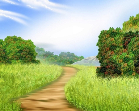 Walking Down the Path - path, nature, painting, bushes, dirt, grass, sky