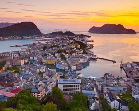 View Over Alesund Norway - hills, water, yellow, norway, architecture, sunset, nature, lake, houses, sun, sky