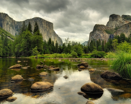 Beautiful View - clouds, mount, tree, river, grey, rainy, green, sky, rocks