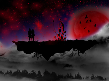 red moon of lovers - moon, abstract, fantasy, people, red, love