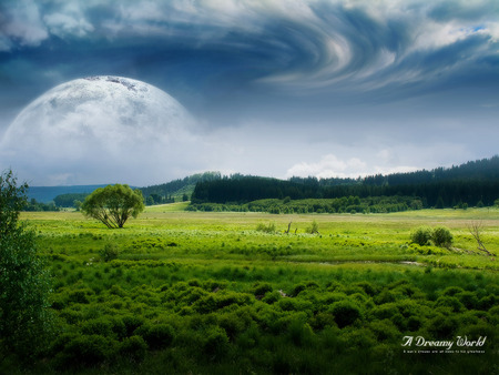 A Dreamy World - fields, clouds, green