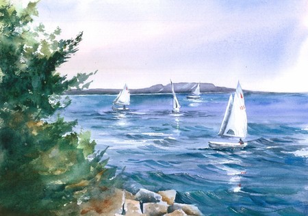 Four Sailboats - sky, sailboats, trees, sea, nature