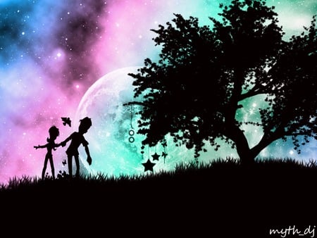 Moon Love - galaxy tree lovers grass moon