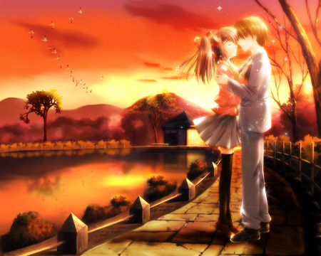 Kiss under a Sunset - anime, sunset, kiss, da capo, couple