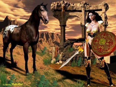 Amazona Armada - horse, shield, fighter, sword, pinto, swods woman