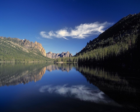 Ship Island Lake Idaho - clouds, trees, hills, water, rock, island, reflection, nature, lake, idaho, sky