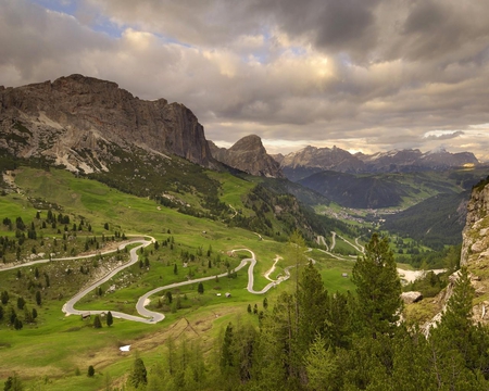 Passo Di Gardena Grodner Josh Italy - valley, hills, town, clouds, mountains, grass, road