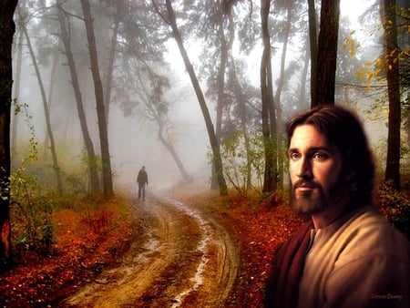 Jesus always waiting for you with love - path, christ, jesus, nature, autumn, religion, christianity, god