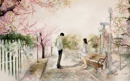 Spring - love, cherry blossom, couple, anime, cute