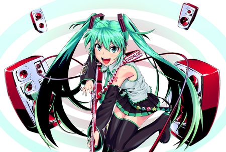 Hatsune Miku - aqua, hot, guitar, headset, thighhighs, music, anime girl, stockings, white, art, cool, aqua eyes, artistic, hatsune miku, sexy, skirt, song, vocaloids, program, vocaloid, beautiful, uniform, diva, beauty, nice, twintail, singer, aqua hair, long socks, black, bass, virtual, pretty, idol, anime, miku, cute, girl, cg, hatsune, microphone, red, blue, headphones, tie, awesome, digital, outfit