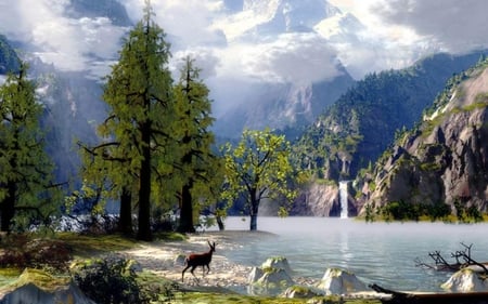 A oilpainting of nature - deers, trees, water, lake, mountains, art, sky