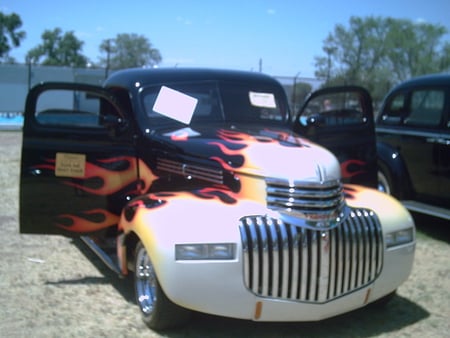 Black Car with flames - old car, black, flames, car