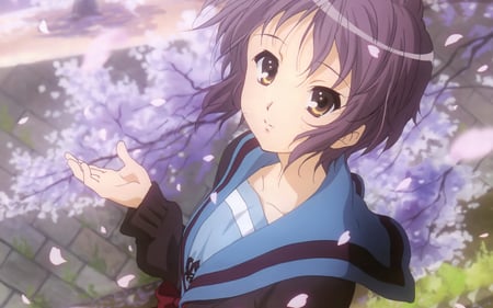 Nagato Yuki - girl, nagato yuki, kawai, seifuku, petals, anime, cute, cherry blossoms, suzumiya haruhi no yuutsu