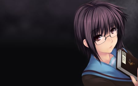 Nagato Yuki - glasses, girl, brown eyes, nagato yuki, book, black, cool, anime, cute, suzumiya haruhi no yuutsu