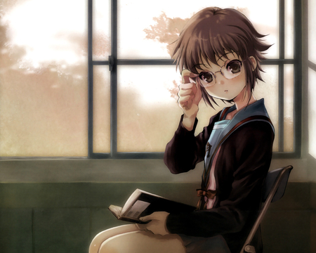 Nagato Yuki - anime, skirt, book, window, girl, kawai, glasses, nagato yuki, cute, suzumiya haruhi no yuutsu