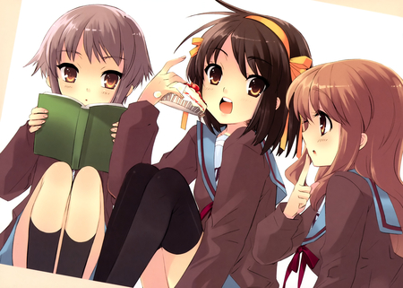 Suzumiya Haruhi no Yuutsu - girl, asahina mikuru, nagato yuki, book, suzumiya haruhi, cake, anime, cute, suzumiya haruhi no yuutsu