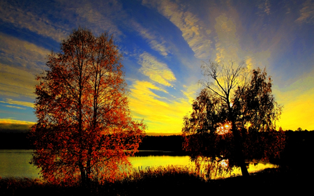 Sunlight - clouds, sunlight, yellow, beautiful, landscape, grass, colors, reflection, sunset, nature, autumn, lake, sky