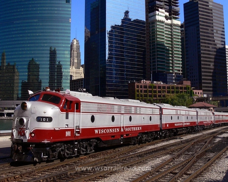 Wisconsin and Southern Railroad - city, train, track, buildings