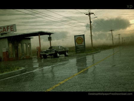 Highway - alone, car, rain, thunder, rainy, cafe, highway