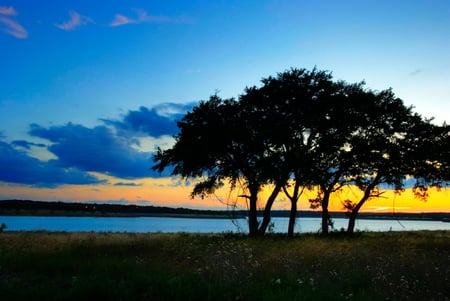 Landscape - sky, landscape, background, trees, sun, image, place, nature, yellow, clouds, blue, river, beautiful, sunsets, silence