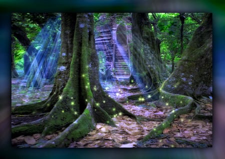 Fire fly - stairs, trees, forests, magic, fantasy, abstract, fire fly, blue, green, lights