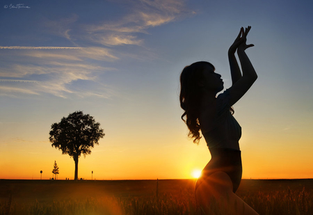 girl in sunset - nature, sky, girl, sun, tree, sunset, silhoutte