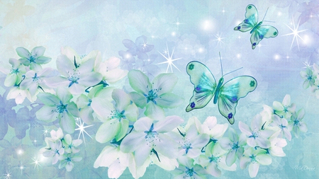 Dreaming in Blues - stars, aqua, summer, cyan, spring, glow, butterfly, blossoms, floral, flowers, sparkles, firefox persona, butterflies