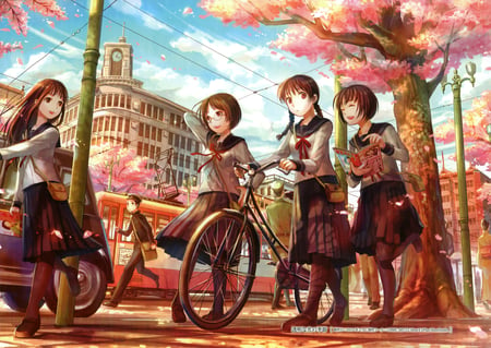 School - girls, uniforme, anime, school, bicicletas