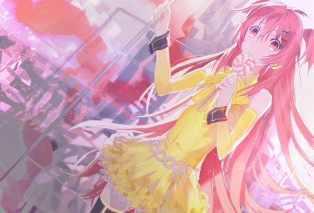 Vocaloid - vocaloid, dress, long hair, pink hair, candy, red eyes, nanase kanon