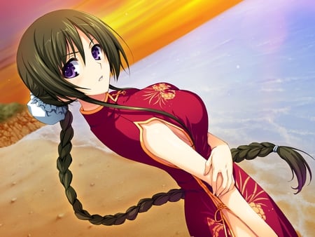 Akatsuki No Goei - beach, long hair, original, anime sexy girl, akatsuki no goei, anime, purple eyes, beautiful girl, chinese clothes