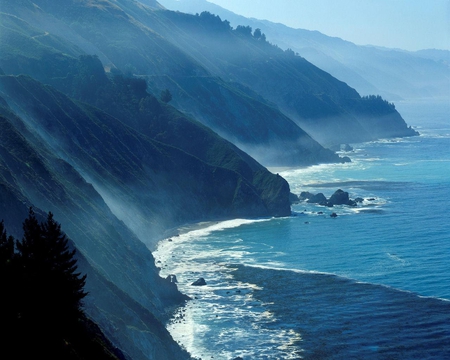 Foggy Morning - water, fog, rock, ocean, mountain, wave, sky