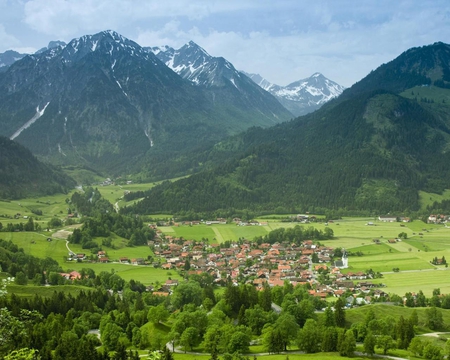 Bad Hindelang Germany - mountains, grass, blue, sky, town, clouds, fields, trees, green