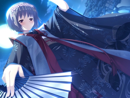 Onigokko - moon, anime, anime girl, anigokko, original, kimono girl, fan, anime short hair, cute girl