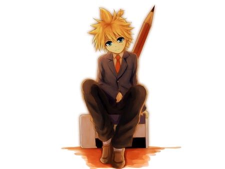 Kagamine Len - hirobakar, anime, vocaloid, polychromatic, kagamine len, cool, pencil, male, white, cute