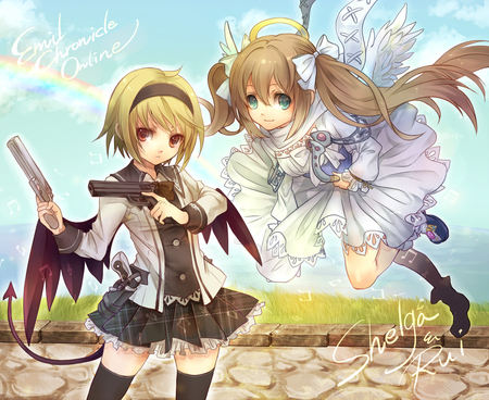 Demon & Angel - yu, anime, skirt, gun, dress, blonde hair, angel, green eyes, brown hair, cool, girls, rainbow, senano, wings, cute, weapon