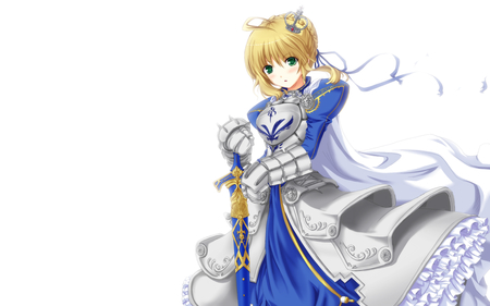 Servant Saber - saber, anime, green eyes, servant, armor, short hair, weapon, ribbons, arthuria pendragon, girl, sword, cape, blush, blonde hair, kawai, cute, fate stay night