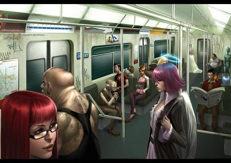 Subway - pretty, subway, wing, girl, beauty, angel, cg, fantasy, goddess