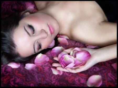 bed of flowers - brunette, flowers, sexy, pretty