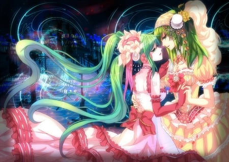 Hatsune Miku & Gumi - pretty, artistic, romance, pink, uniform, flowers, struggle, nice, program, formal, hot, city, beauty, virtual, love, cg, white, green, cute, aqua eyes, song, outfit, sexy, vocaloid, anime, yellow, blue, twintail, dress, hatsune miku, green hair, music, aqua, red, art, sky, idol, clouds, anime girl, beautiful, singer, girl, cool, buildings, gumi, black, miku, awesome, diva, digital, aqua hair, hatsune, vocaloids