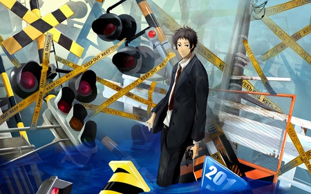 Adachi Tohru - persona 4, water, railroad crossong sign, gun, persona, suite, traffic lights, traffic cone, shin megami tensei, black eyes, black hair, adachi tohru, weapon, video game