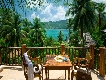 The View - summer, chairs, holiday, view, balcony, sky, clouds, house, hat, palms, sea, table, colors, resort, ocean, nature, green, juice