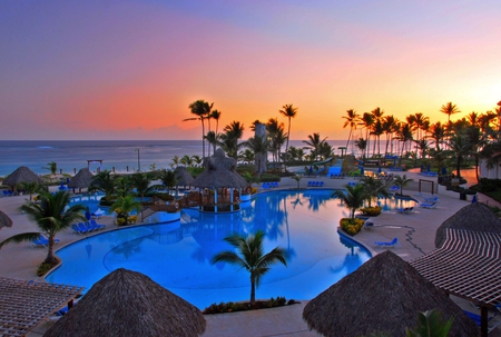 Pool - clouds, palms, summer, chairs, sea, sunrise, colors, ocean, resort, nature, holiday, pool, gazebo, sky