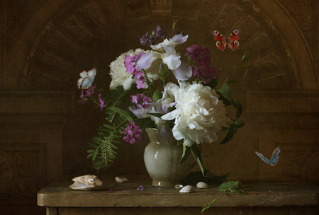 Still Life - shells, still life, vase, peonies, nature, butterfly, pretty, peony, flowers, colors, butterflies