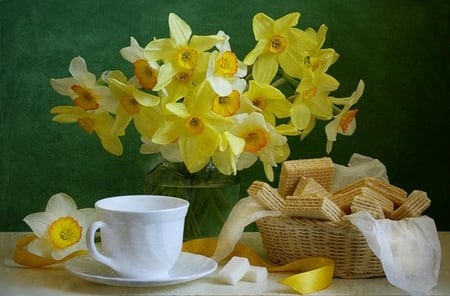 Still Life - pretty, vase, cup of tea, yellow, colors, daffodils, tea, still life, daffodil, flowers, basket, nature, cup