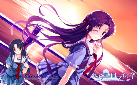 Sayoko Koga - school dress, anime, sunset, blue hair, sayoko koga, girl, beauty, long hair