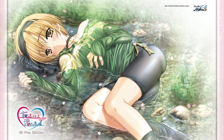 Anime Girl - short hair, river, brown eyes, anime, dress, girl, beauty, brown hair