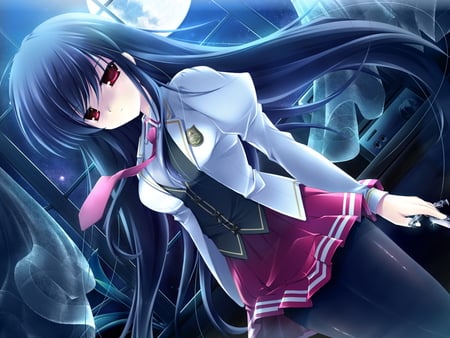 Kuyou Sarasa - moon, anime, kuyou sarasa, dress, girl, beauty, night, long hair, red eyes, blue hair