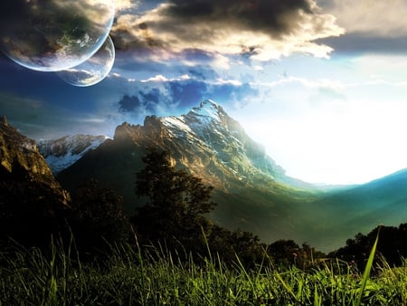 Superb Mountains View - hill, moon, sky, natutre, trees, mountains, field, superb, tall, clouds, dreamy, grass