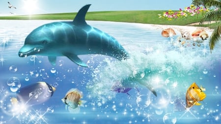 Beautiful Day at the Beach - water, beach, dolphin, sea, sunshine, ocean, firefox persona, palm, flowers, sea shells, bubbles, fish