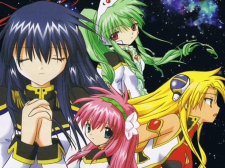 The four angels - galaxy angel, ranpha, vanilla, angel, chitose, milfulle, galaxy, game, yellow, pink, blue, ps2, green